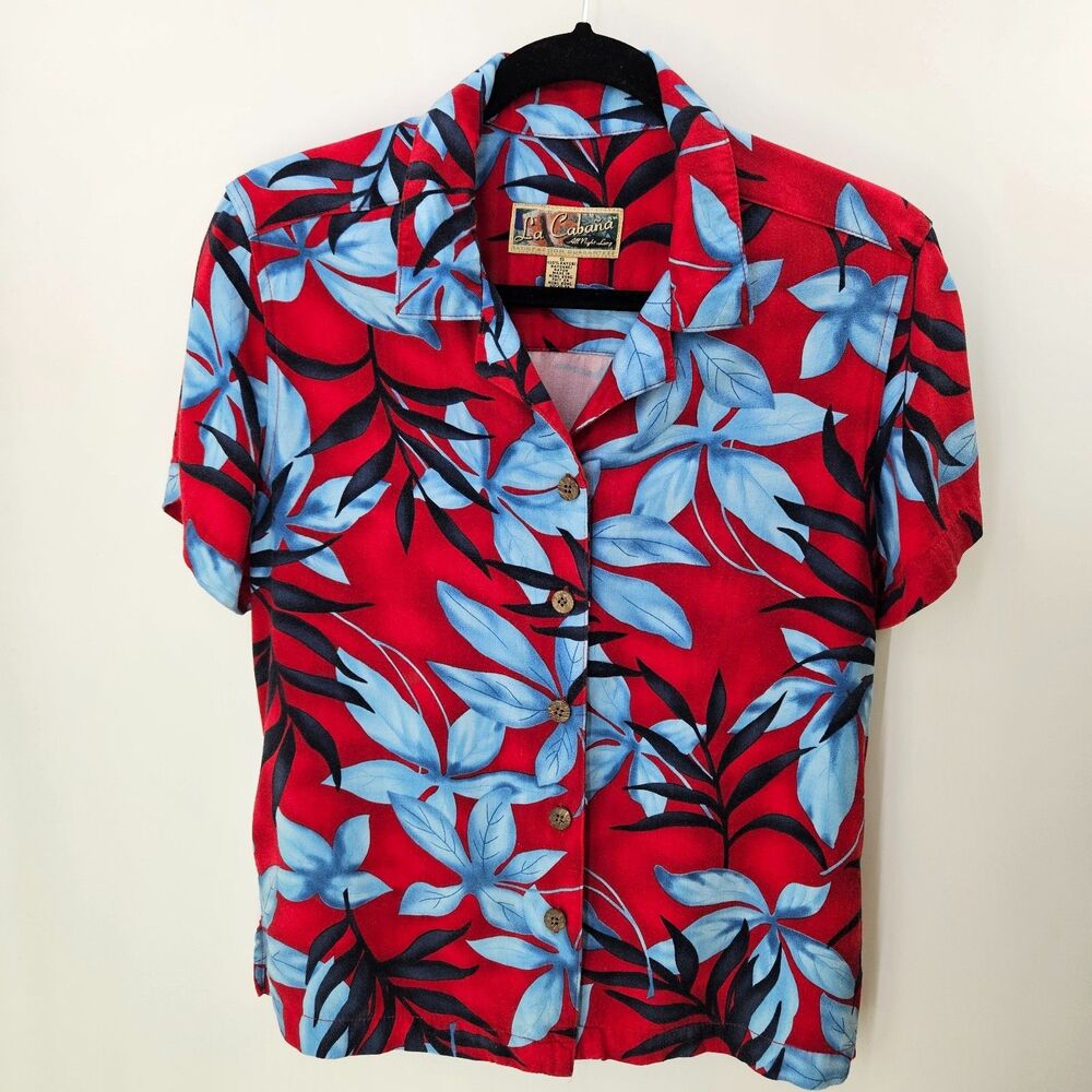 La Cabana Hawaiian Shirt Women's S Floral Print 1990s Red Short Sleeve